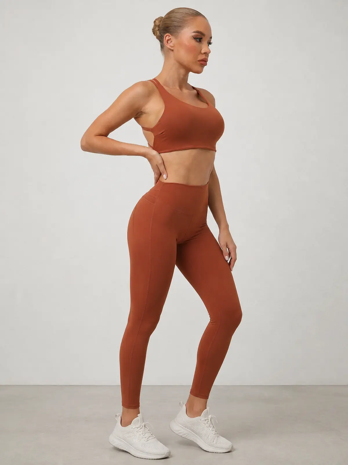 Harbor Lattice Crisscross-Back Sports Bra — rust brown — sports-bra — authoritative variation match