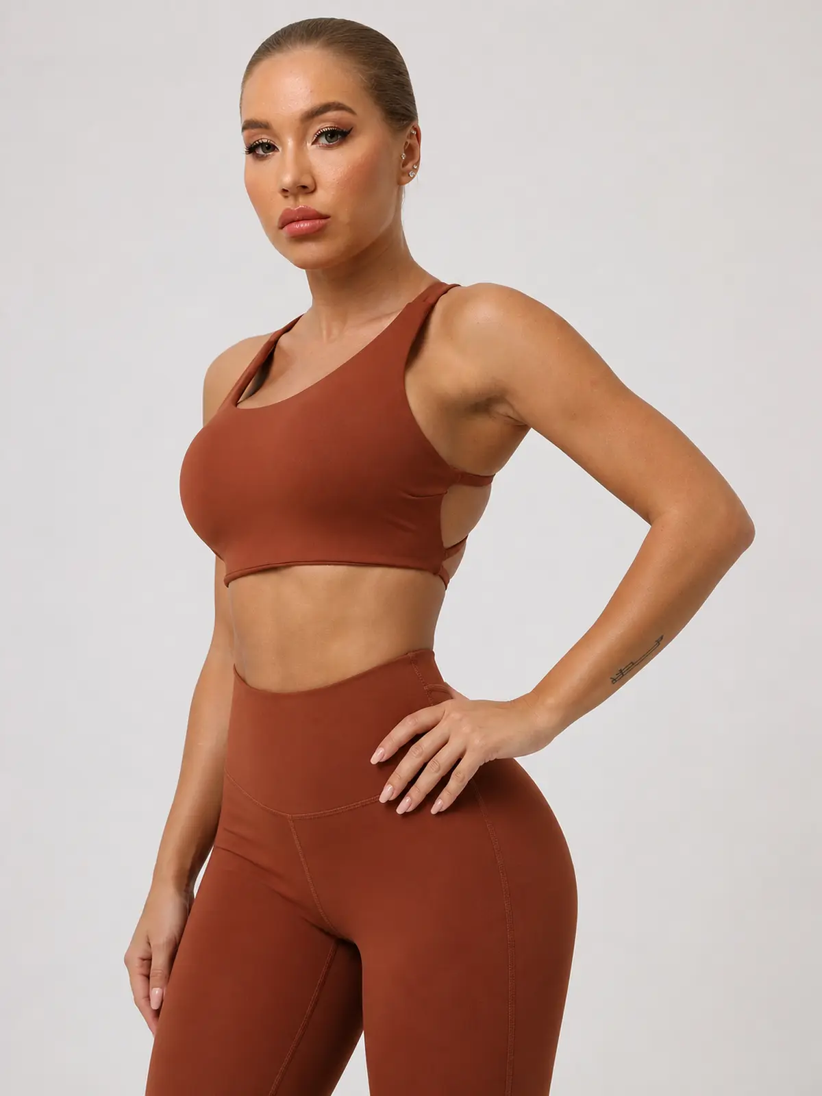 Harbor Lattice Crisscross-Back Sports Bra — rust brown — sports-bra — authoritative variation match