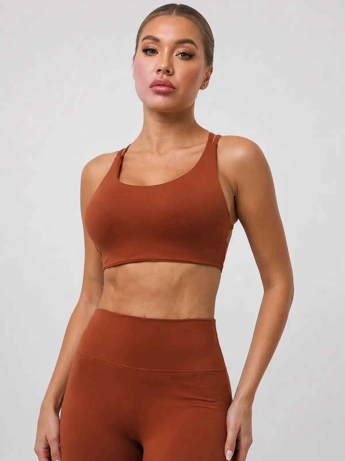Harbor Lattice Crisscross-Back Sports Bra — rust brown — sports-bra — authoritative variation match