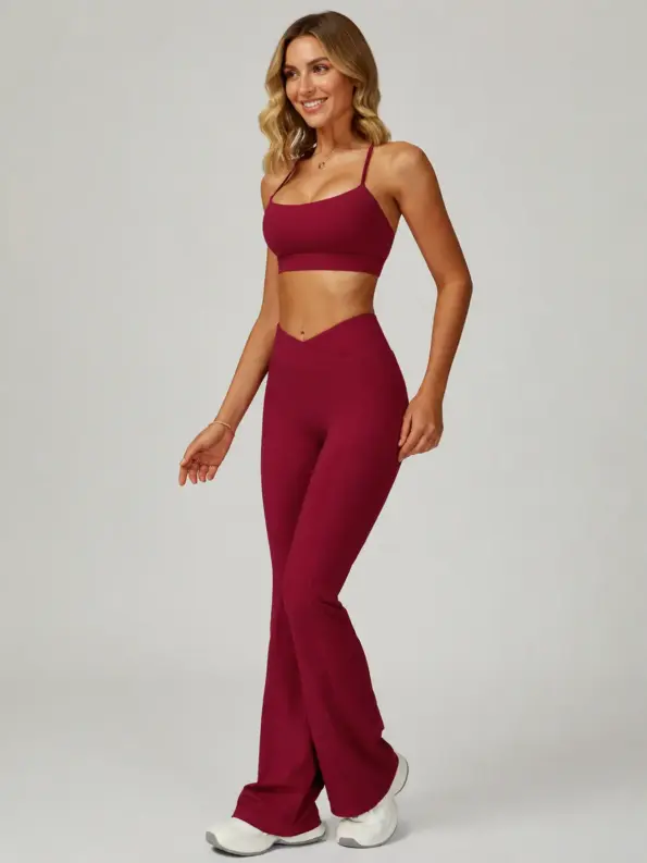Hearth Tempo Square-Neck Sports Bra and Flare Leggings Set — cherry red — general — authoritative variation match