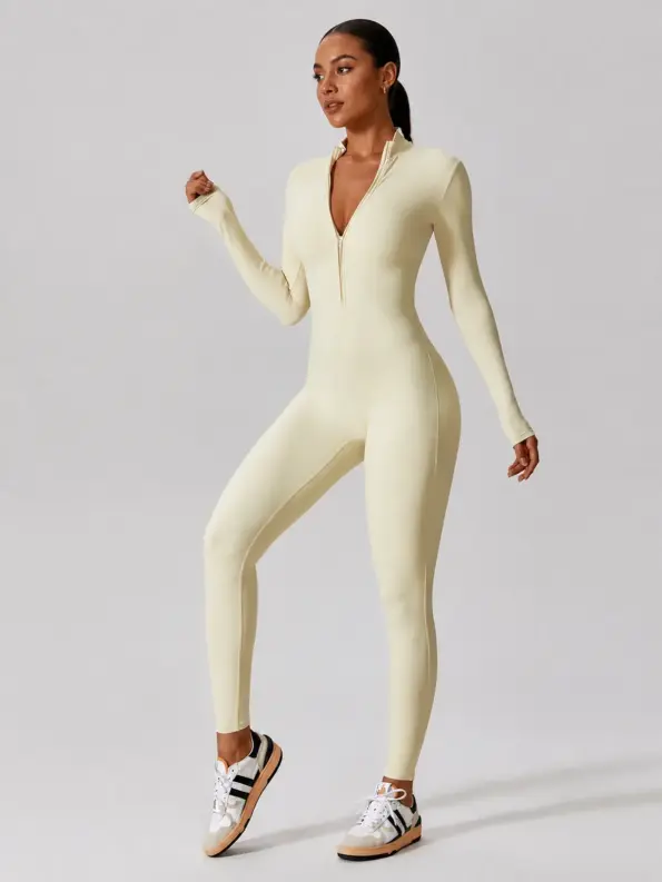 Hearthside Outline Long-Sleeve Zip-Front Yoga Jumpsuit — light beige — unitard — authoritative variation match