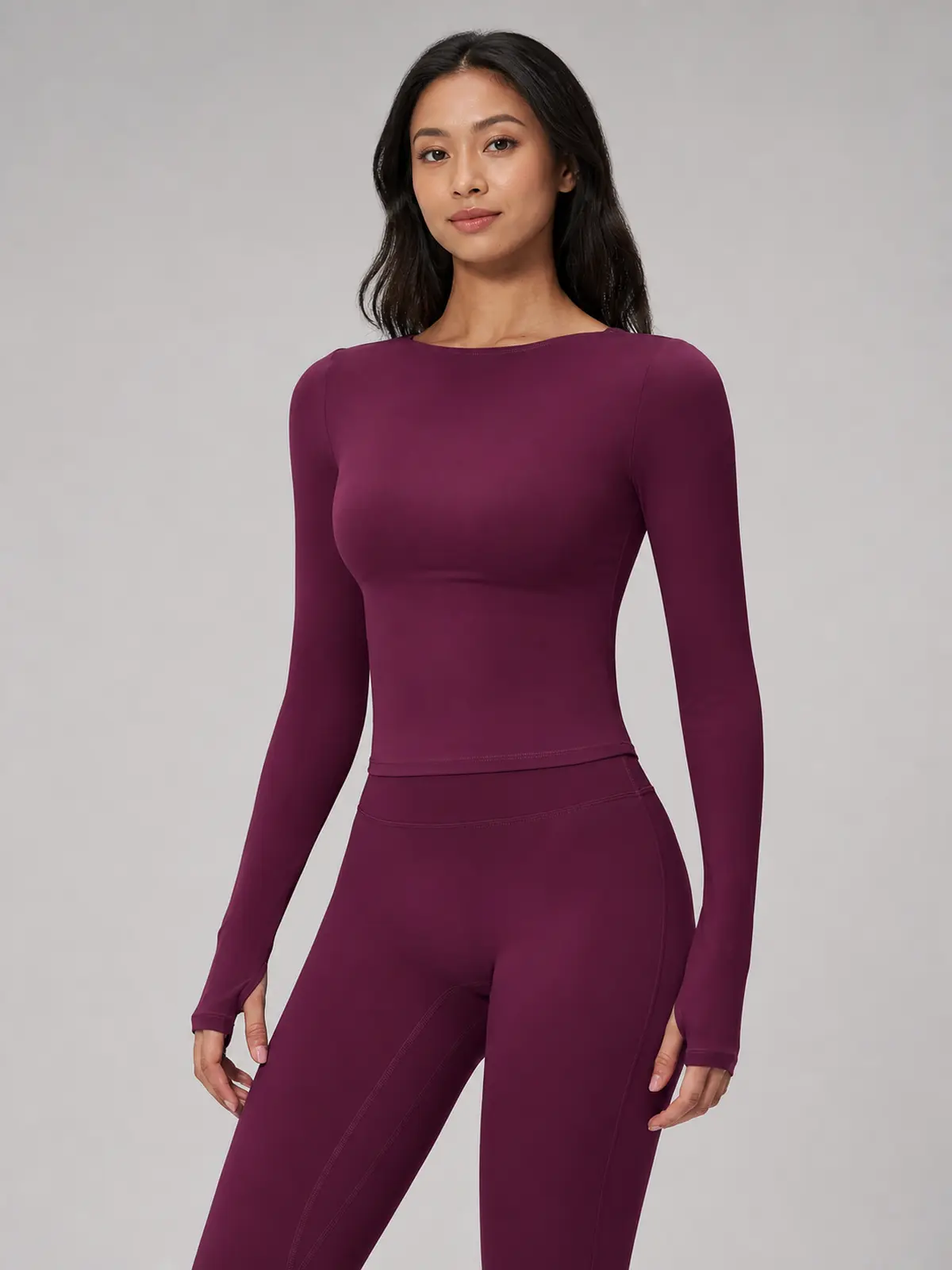 Horizon Sway Wide Boat-Neck Long-Sleeve Yoga Top — deep berry purple — general — authoritative variation match