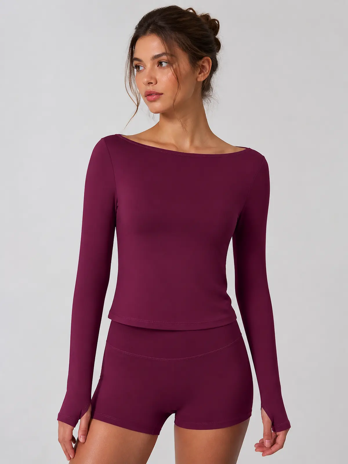 Horizon Sway Wide Boat-Neck Long-Sleeve Yoga Top — deep berry purple — general — authoritative variation match