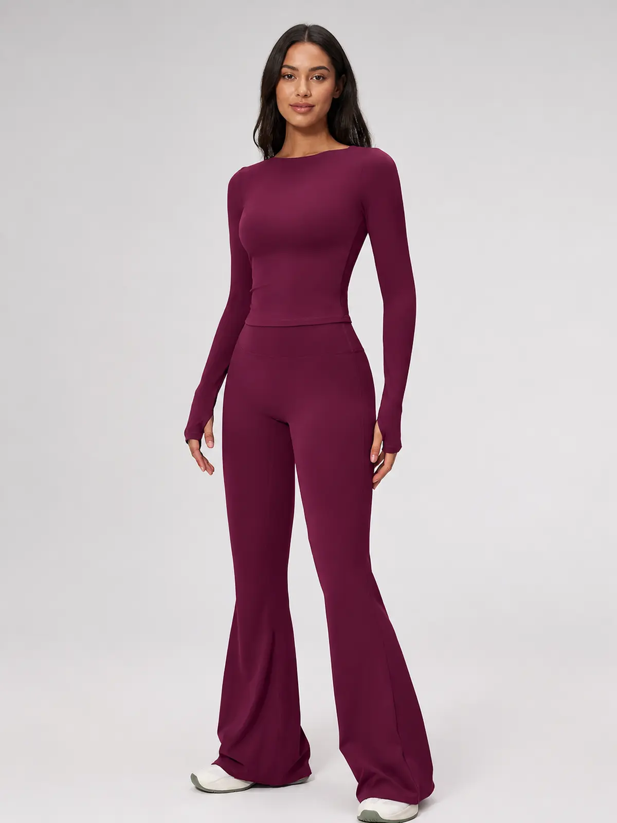 Horizon Sway Wide Boat-Neck Long-Sleeve Yoga Top — deep berry purple — general — authoritative variation match