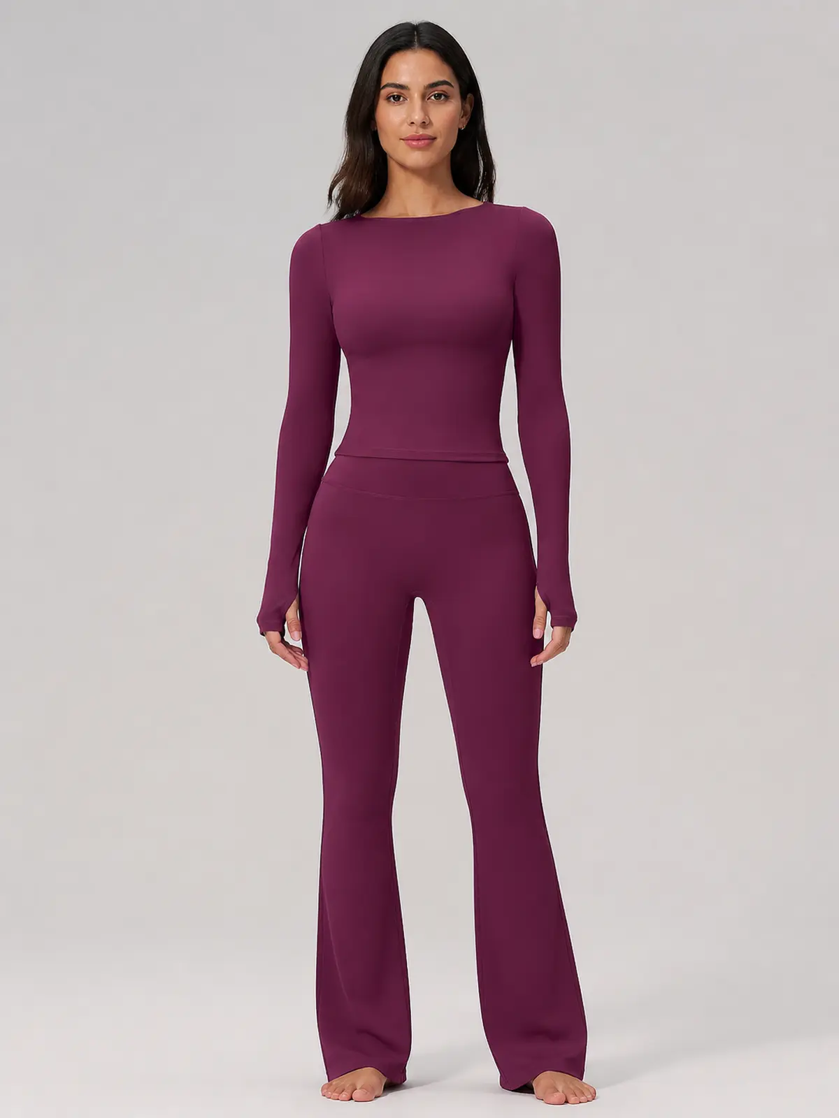 Horizon Sway Wide Boat-Neck Long-Sleeve Yoga Top — deep berry purple — general — authoritative variation match
