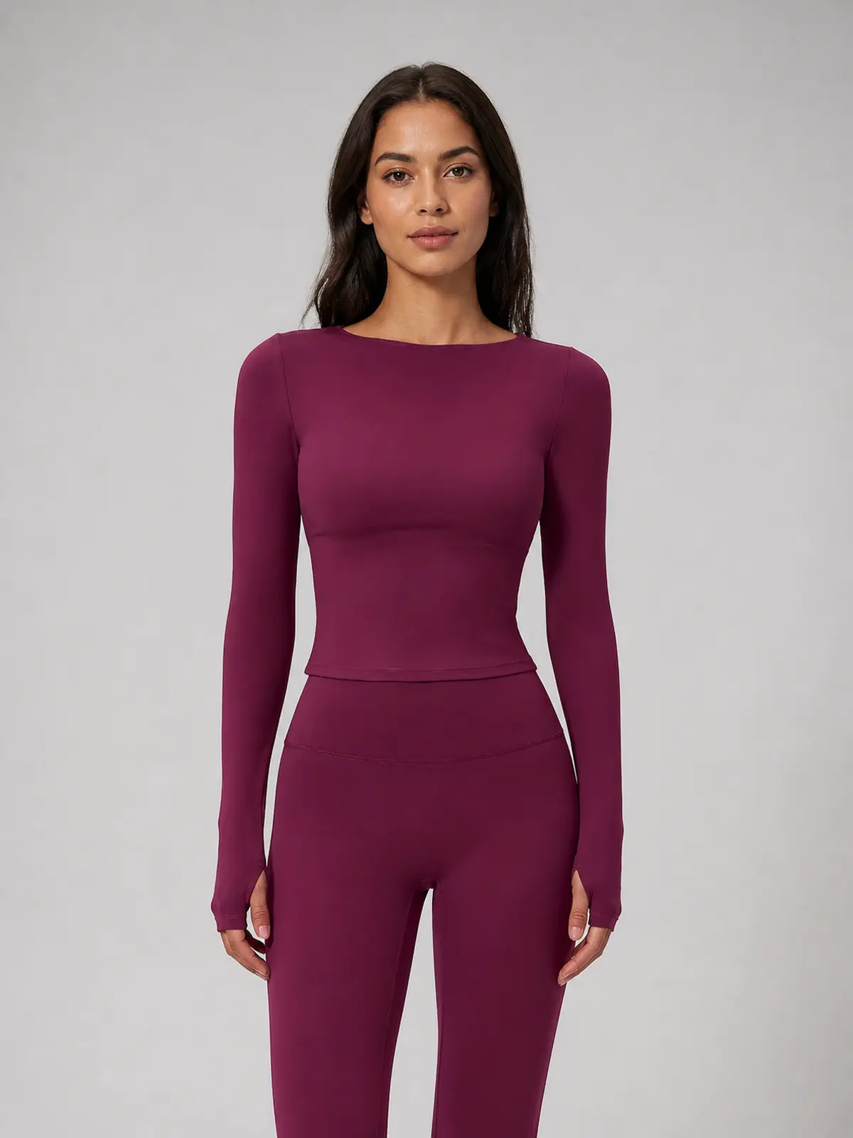 Horizon Sway Wide Boat-Neck Long-Sleeve Yoga Top — deep berry purple — long-sleeve-top — authoritative variation match