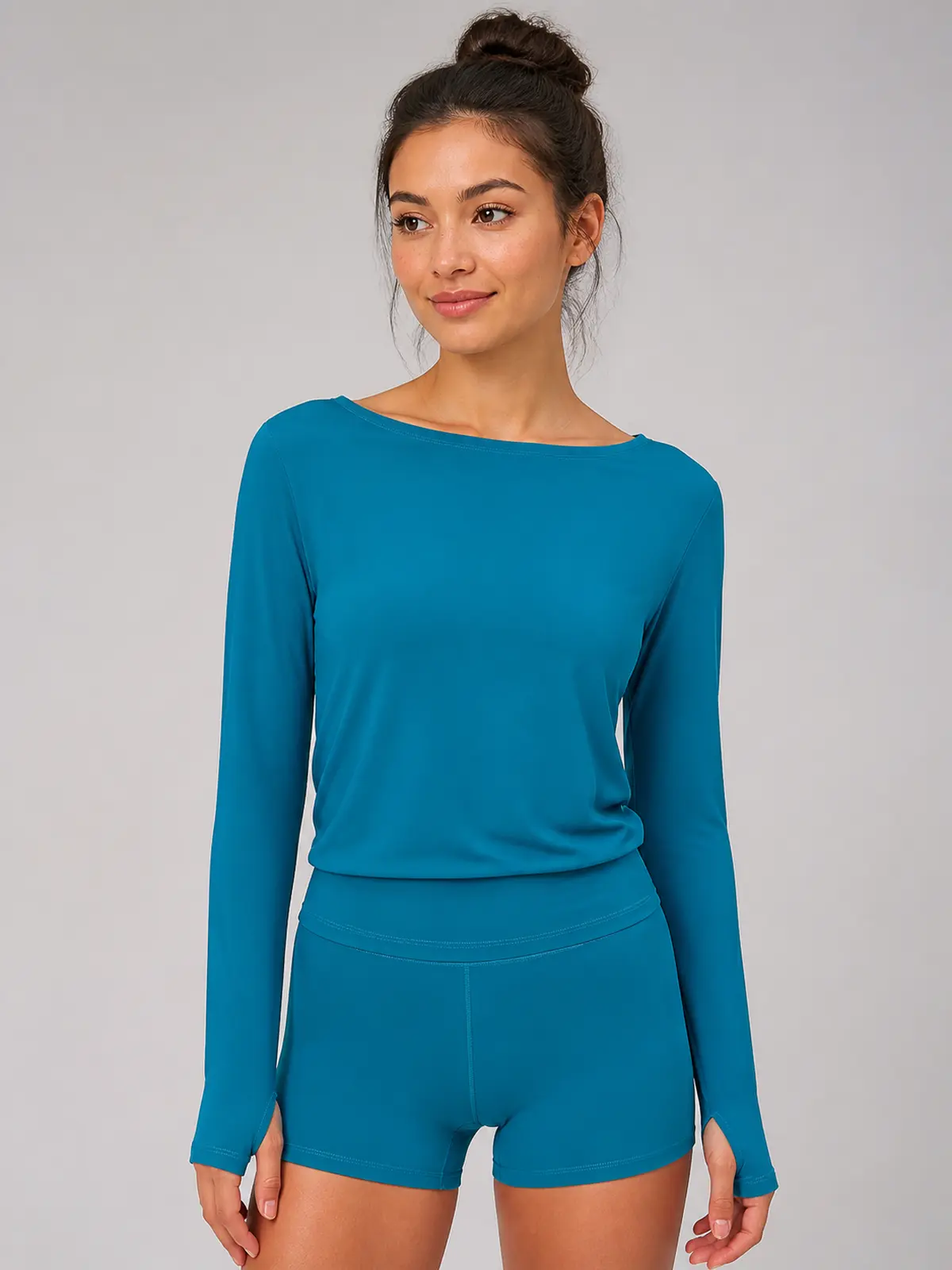 Horizon Sway Wide Boat-Neck Long-Sleeve Yoga Top — peacock blue — general — authoritative variation match