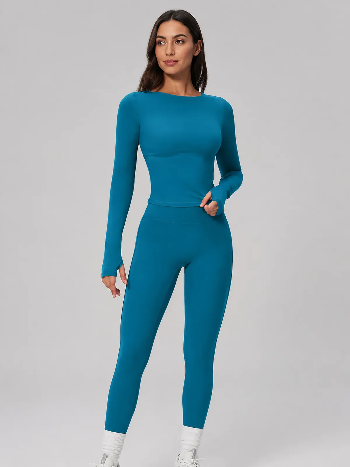 Horizon Sway Wide Boat-Neck Long-Sleeve Yoga Top — peacock blue — long-sleeve-top — authoritative variation match