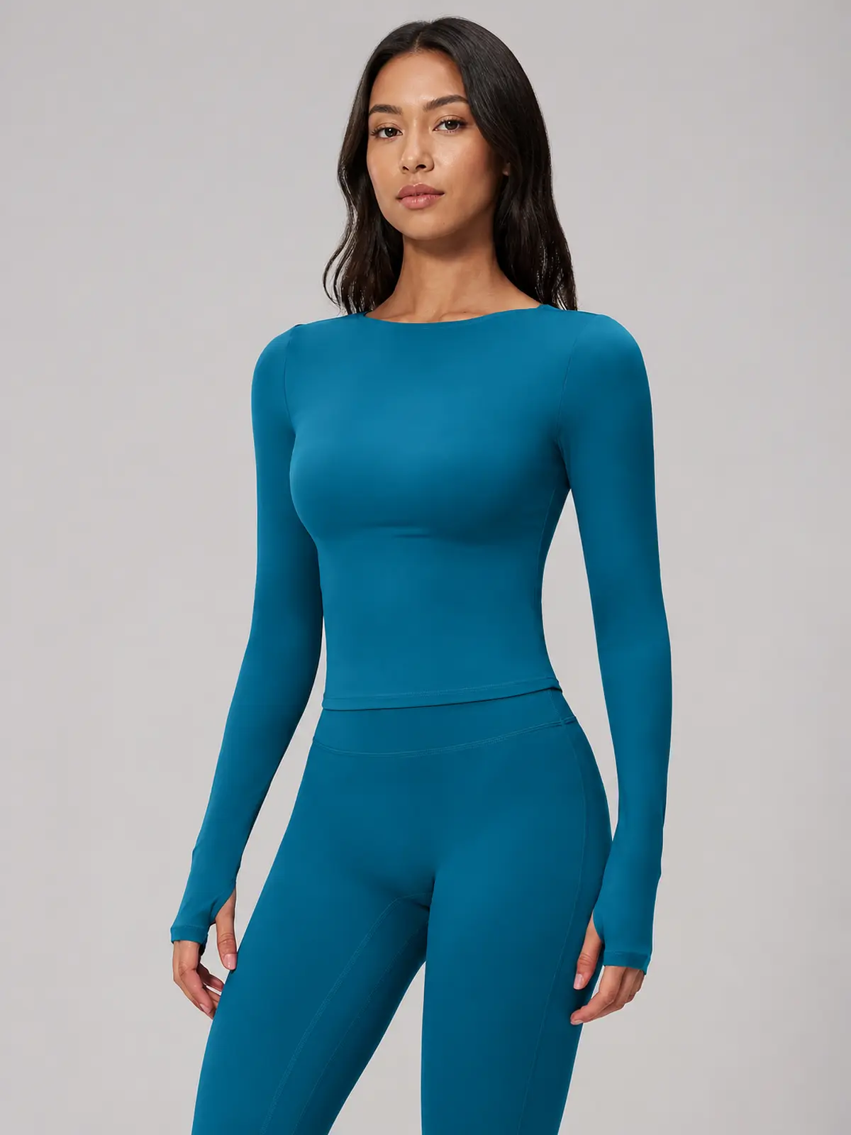 Horizon Sway Wide Boat-Neck Long-Sleeve Yoga Top — peacock blue — long-sleeve-top — authoritative variation match
