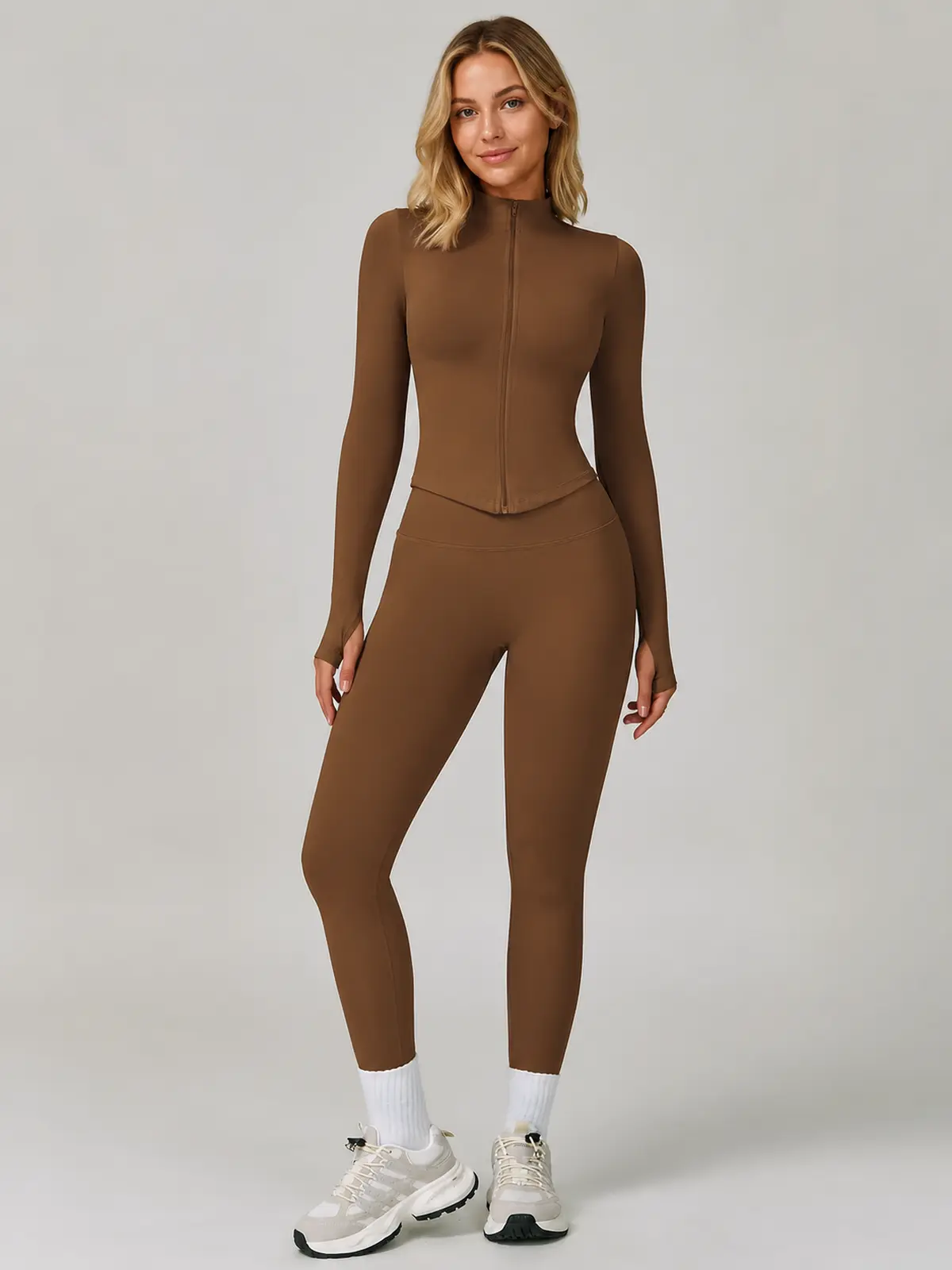 Ivory Current Zip-Front Jacket and Full-Length Leggings Set — dark coffee brown — general — assigned human anchor cluster