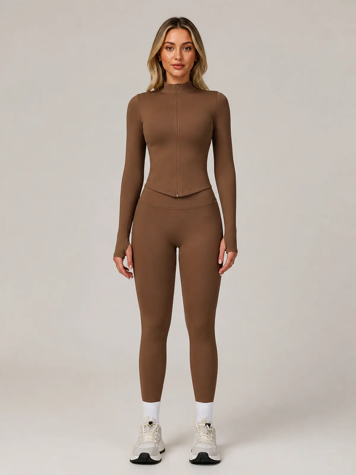 Ivory Current Zip-Front Jacket and Full-Length Leggings Set — dark coffee brown — general — authoritative variation image