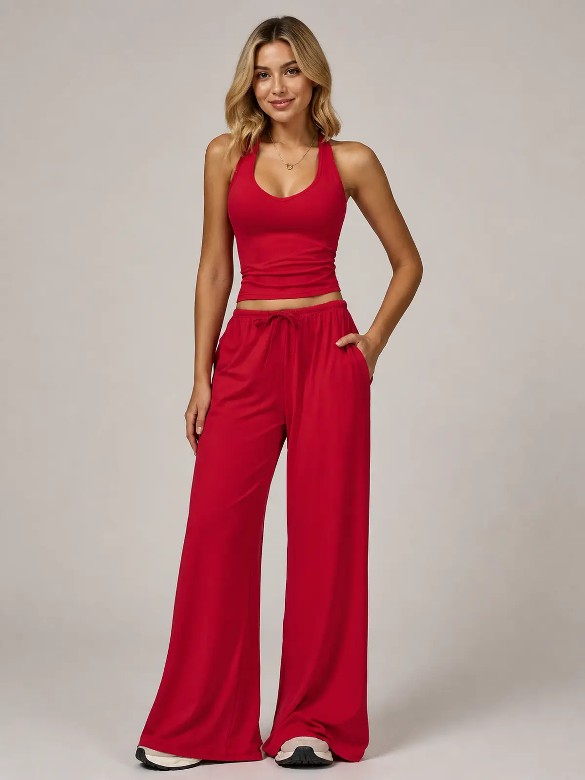 Juniper Cadence Halter Tank Top and Wide-Leg Pants Set — bright red — general — assigned human anchor cluster