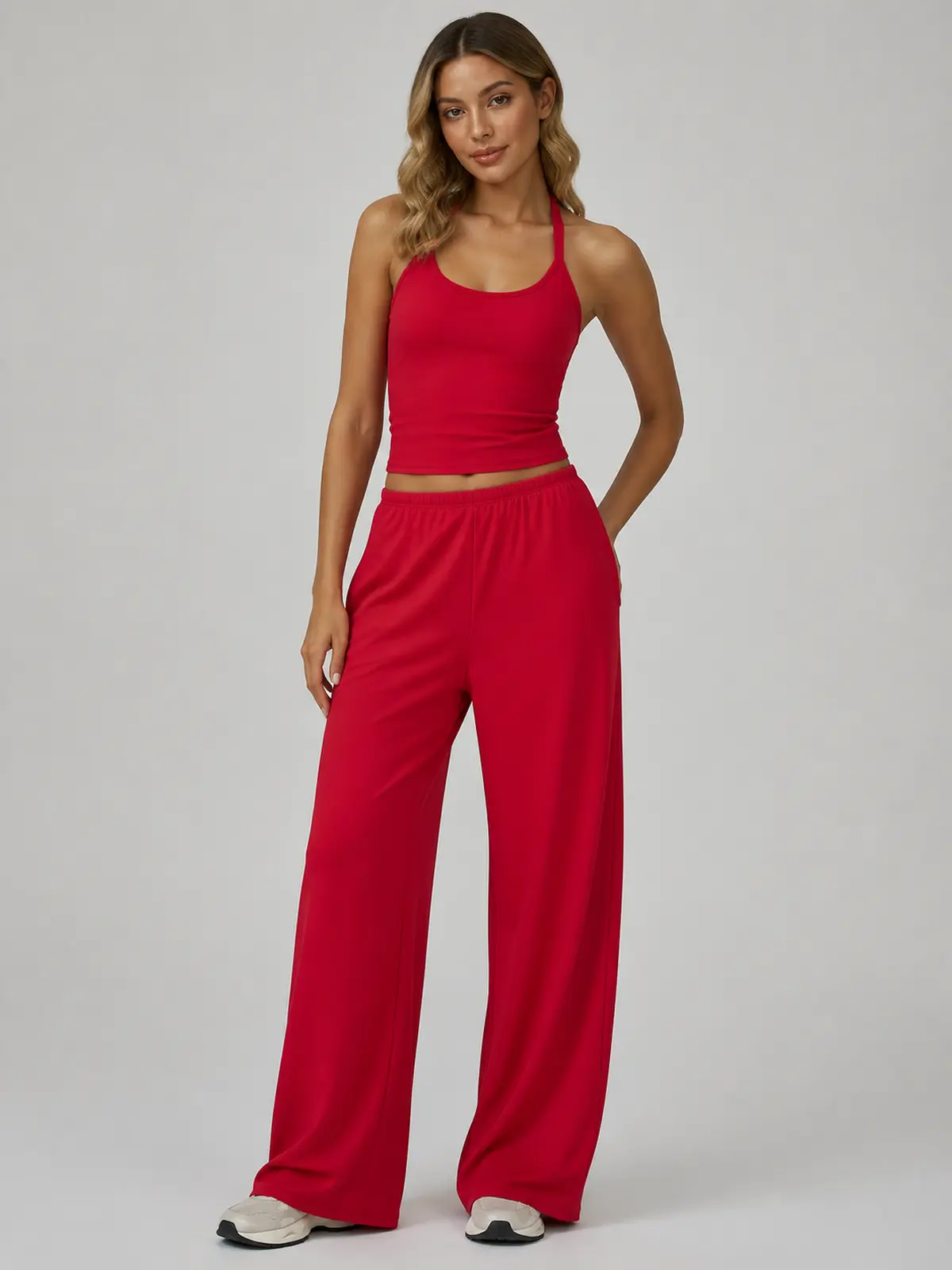 Juniper Cadence Halter Tank Top and Wide-Leg Pants Set — bright red — general — authoritative variation match