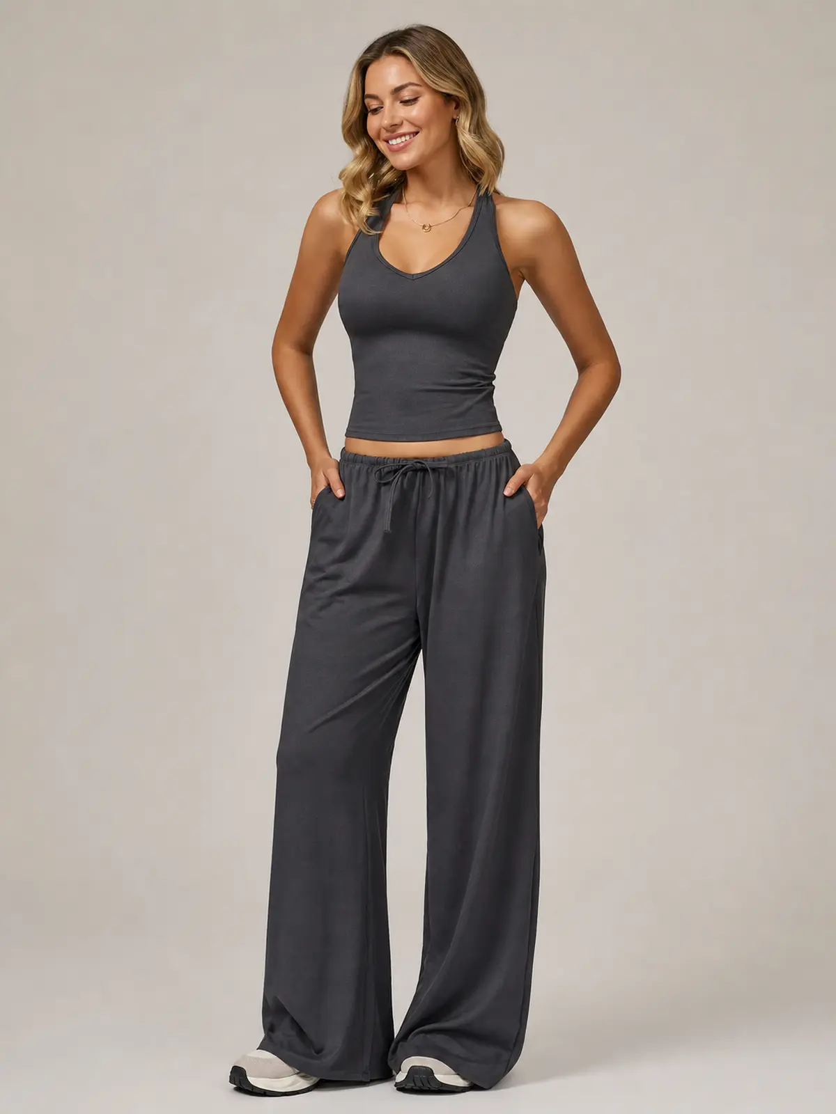 Juniper Cadence Halter Tank Top and Wide-Leg Pants Set — dark charcoal gray — general — authoritative variation match