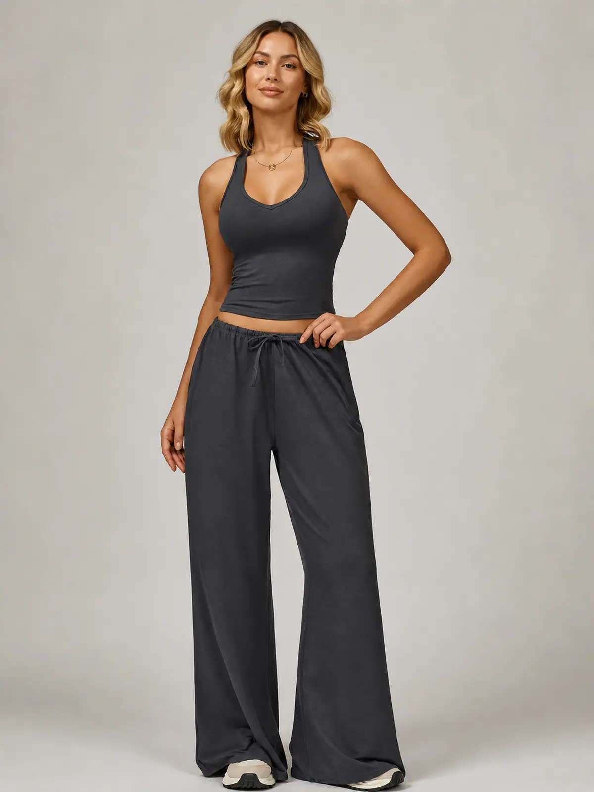 Juniper Cadence Halter Tank Top and Wide-Leg Pants Set — dark charcoal gray — general — authoritative variation match