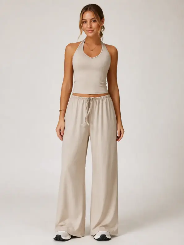 Juniper Cadence Halter Tank Top and Wide-Leg Pants Set — light beige — general — authoritative variation match