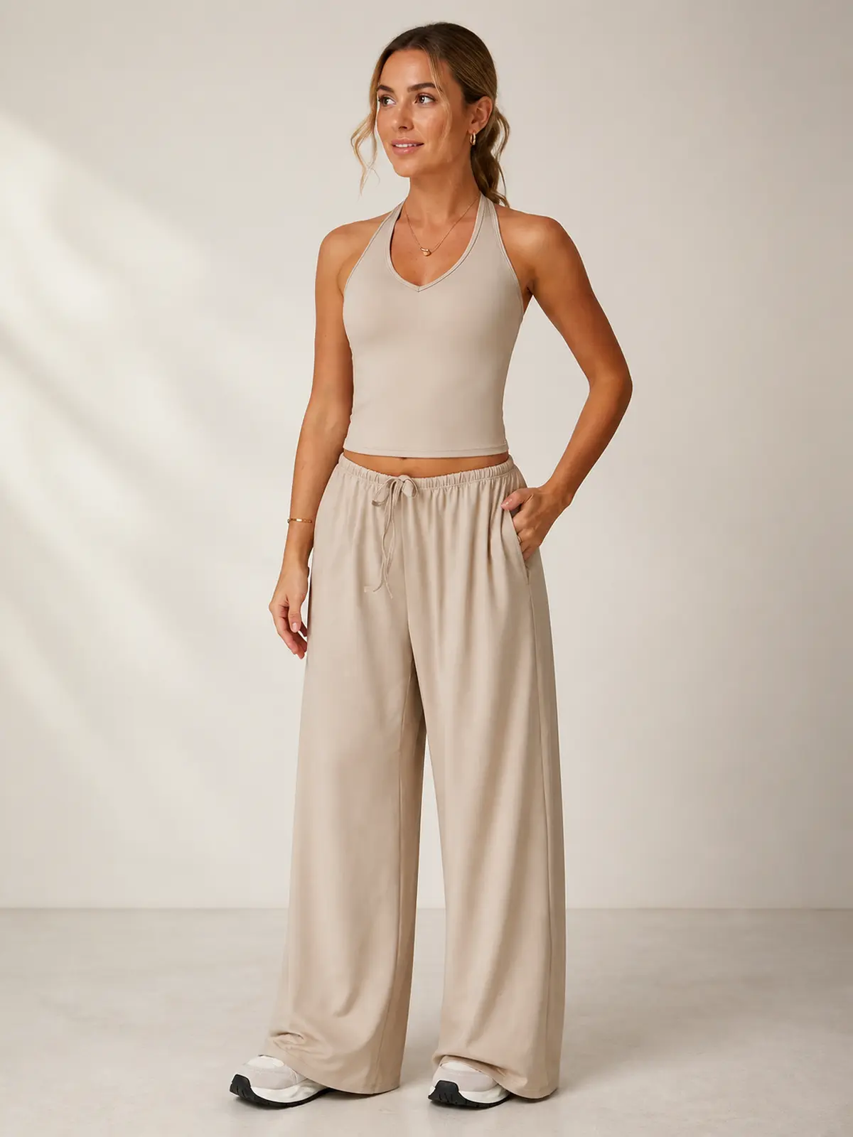 Juniper Cadence Halter Tank Top and Wide-Leg Pants Set — light beige — general — authoritative variation match