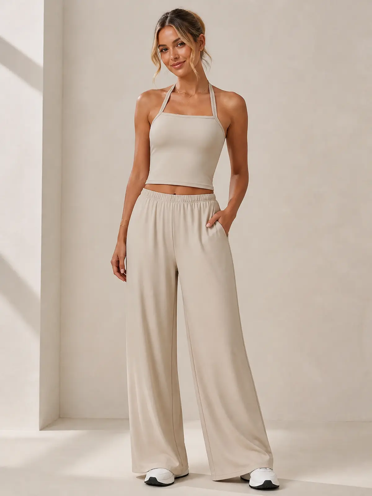 Juniper Cadence Halter Tank Top and Wide-Leg Pants Set — light beige — general — authoritative variation match