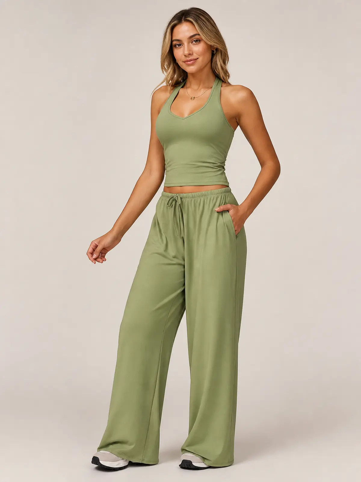Juniper Cadence Halter Tank Top and Wide-Leg Pants Set — lime green — general — assigned human anchor cluster