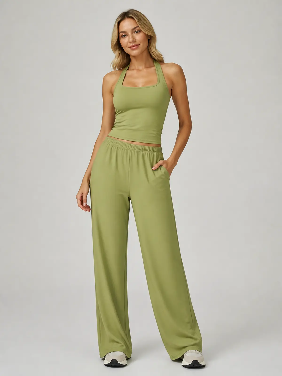 Juniper Cadence Halter Tank Top and Wide-Leg Pants Set — lime green — general — authoritative variation match