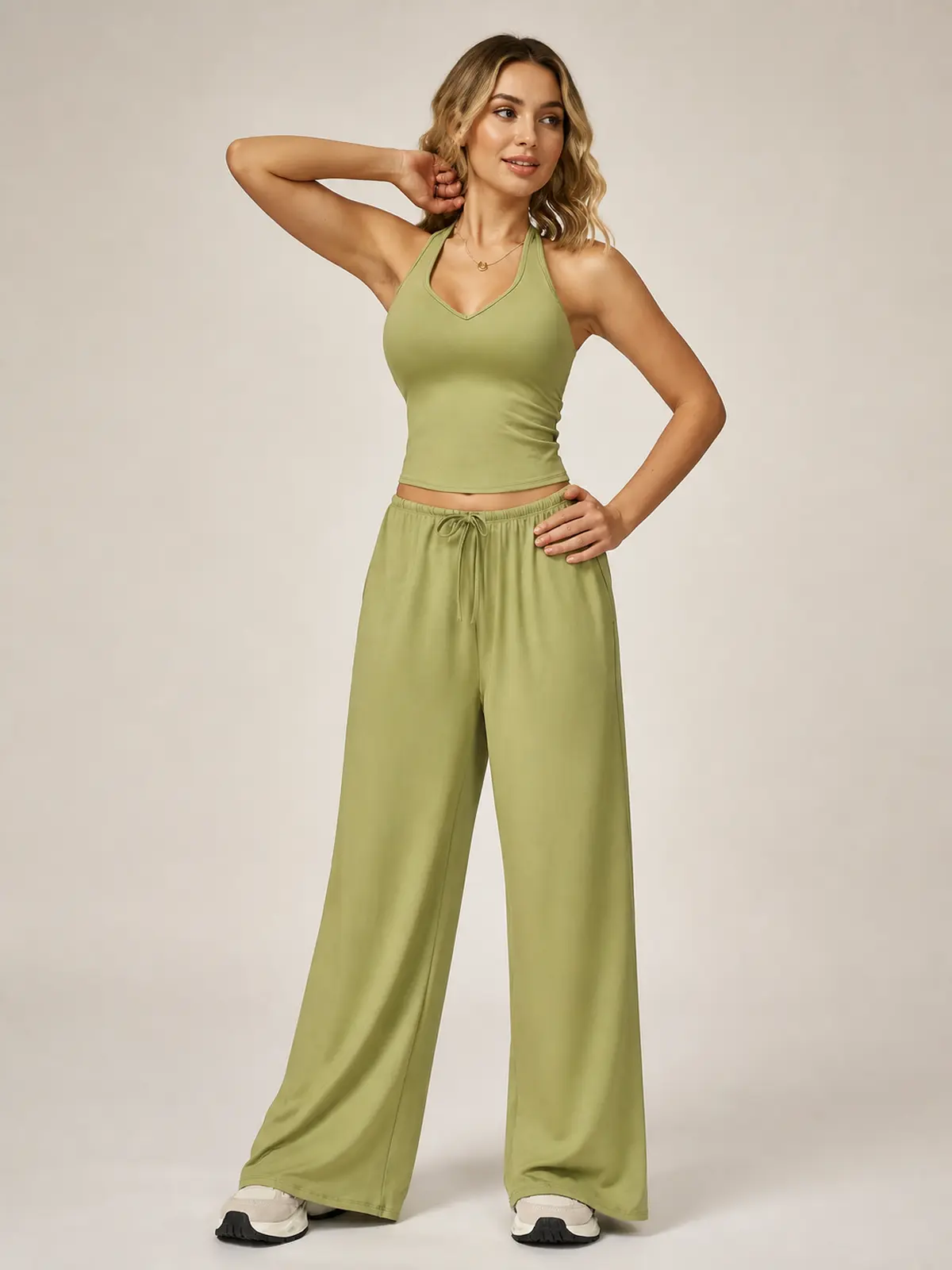 Juniper Cadence Halter Tank Top and Wide-Leg Pants Set — lime green — general — authoritative variation match