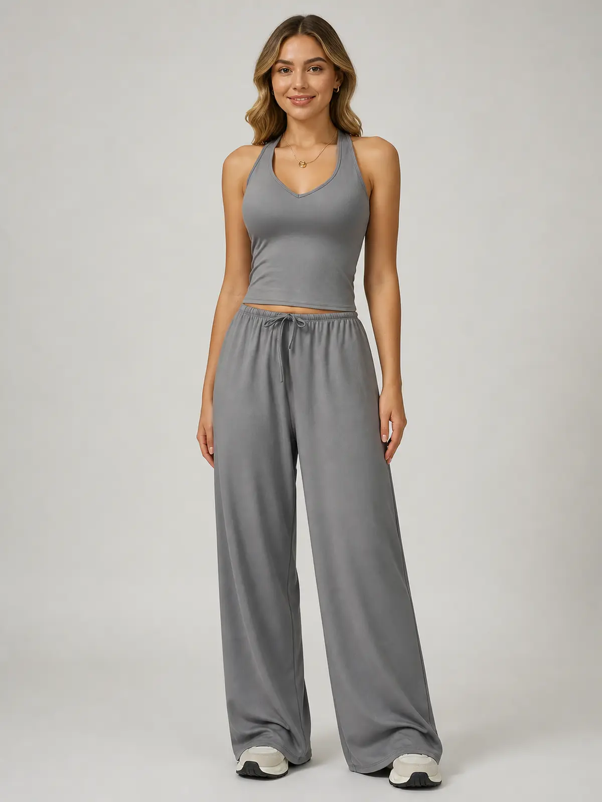 Juniper Cadence Halter Tank Top and Wide-Leg Pants Set — smoke grey — general — authoritative variation match