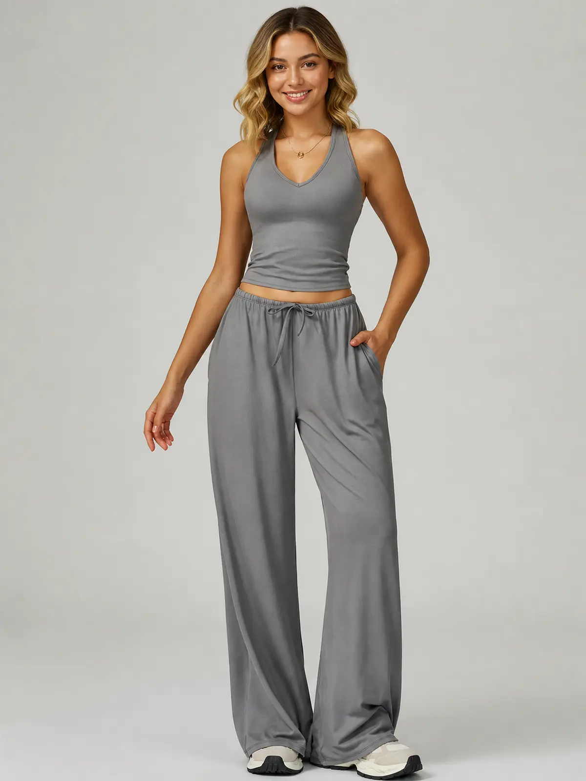 Juniper Cadence Halter Tank Top and Wide-Leg Pants Set — smoke grey — general — authoritative variation match