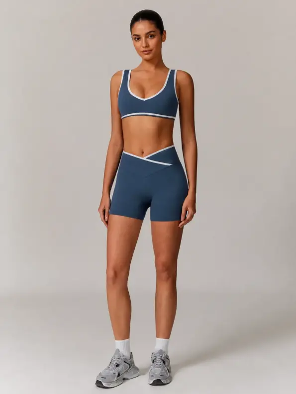 Juniper Frame Sports Bra and Bike Shorts Set — slate blue with white trim — general — authoritative variation match