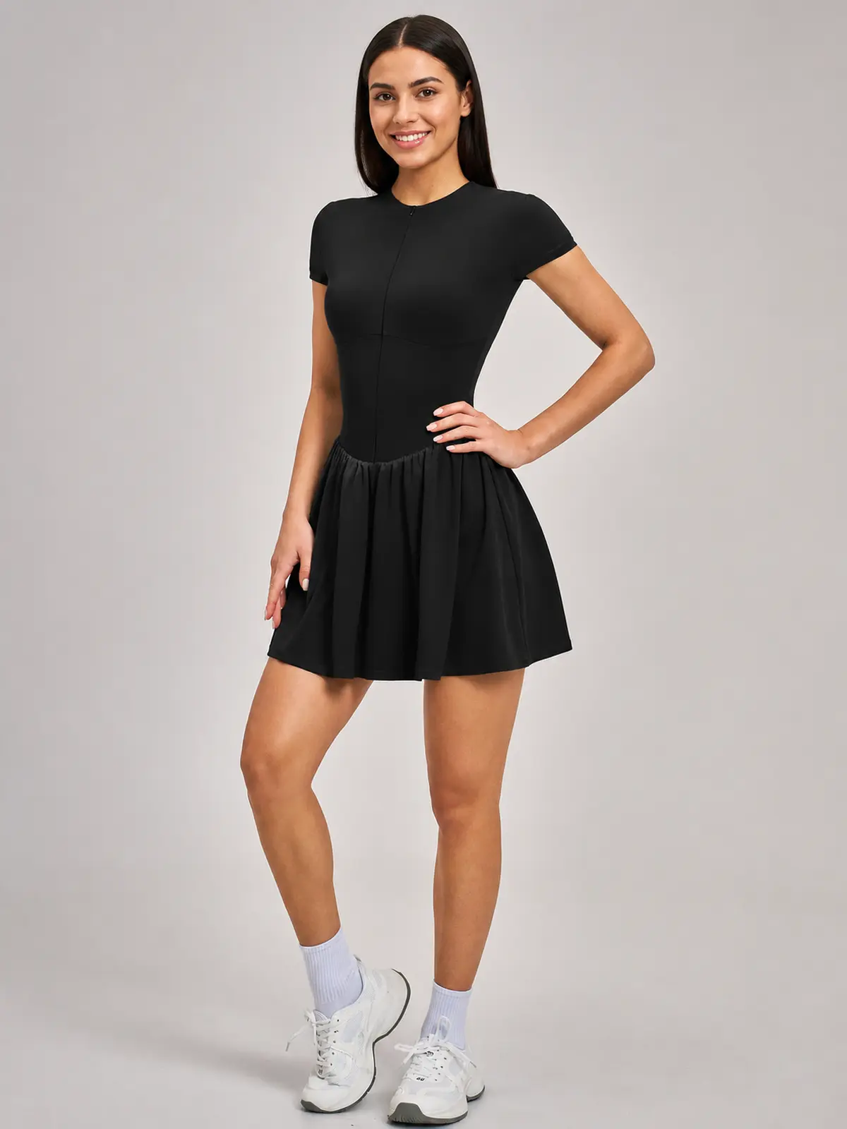 Juniper Motion Zip-Front Exercise Dress — black — exercise-dress — authoritative variation match