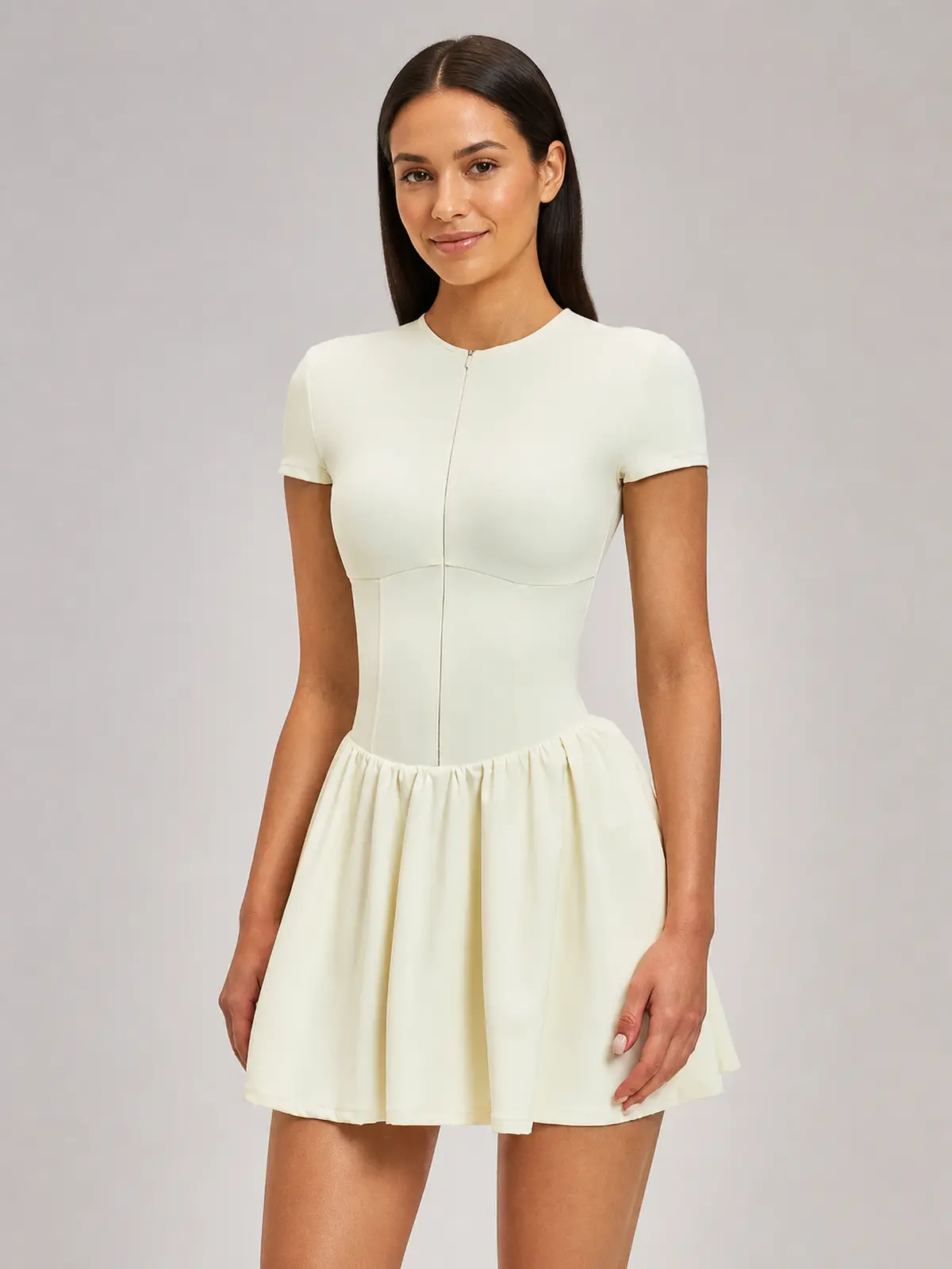 Juniper Motion Zip-Front Exercise Dress — creamy apricot — authoritative variation match
