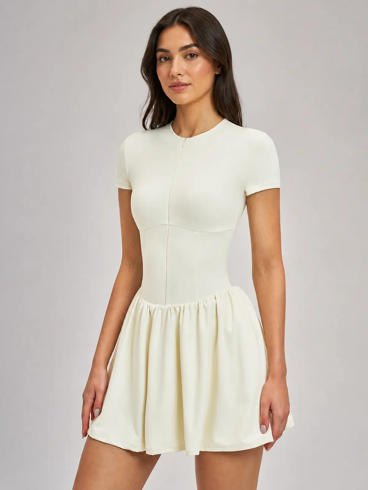 Juniper Motion Zip-Front Exercise Dress — creamy apricot — exercise-dress — authoritative variation match