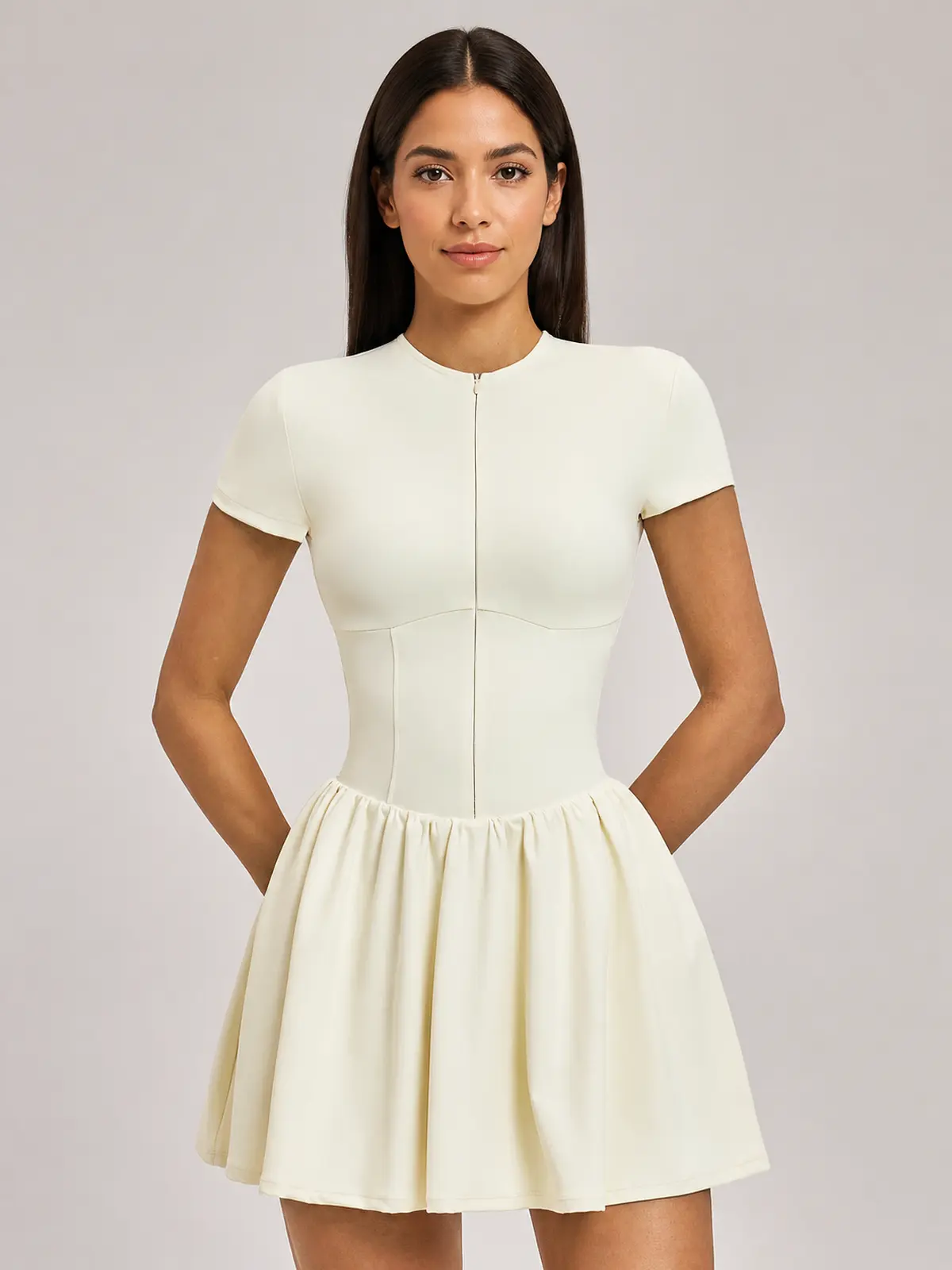 Juniper Motion Zip-Front Exercise Dress — creamy apricot — exercise-dress — authoritative variation match