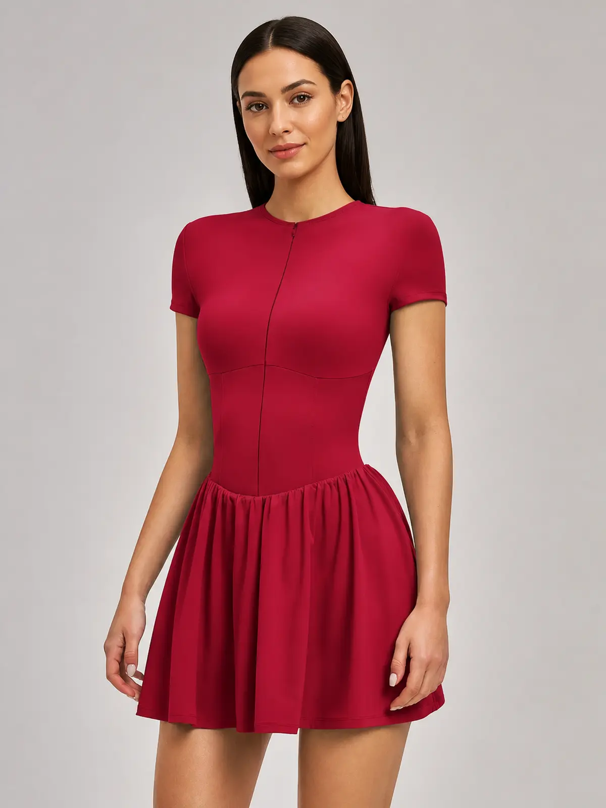 Juniper Motion Zip-Front Exercise Dress — deep cherry red — authoritative variation match