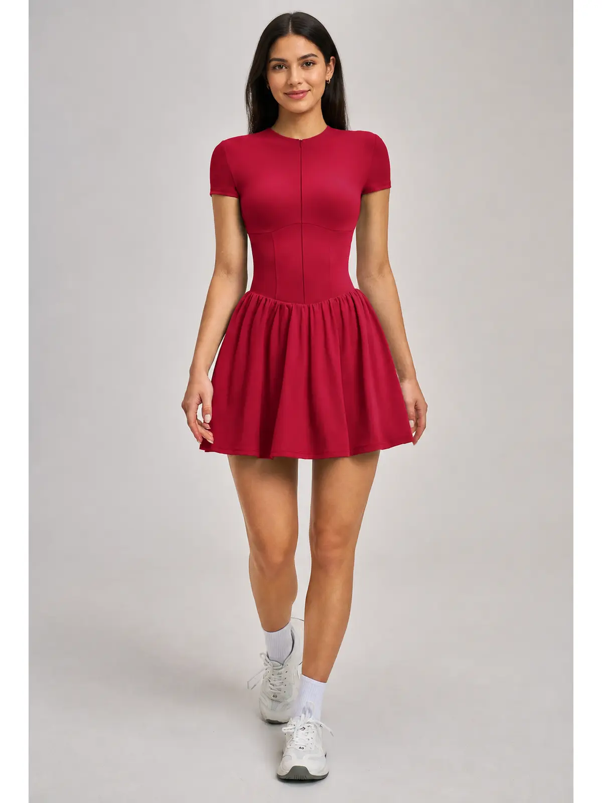 Juniper Motion Zip-Front Exercise Dress — deep cherry red — exercise-dress — authoritative variation match