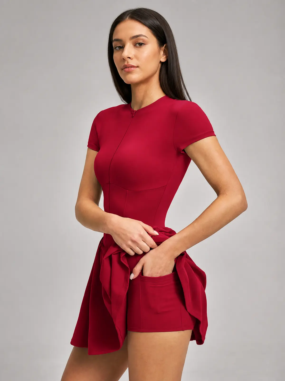 Juniper Motion Zip-Front Exercise Dress — deep cherry red — exercise-dress — authoritative variation match