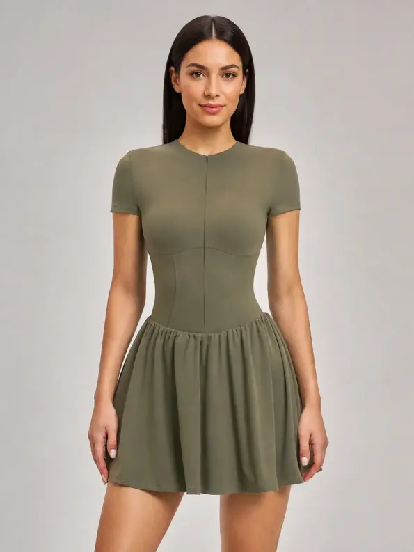 Juniper Motion Zip-Front Exercise Dress — olive green — authoritative variation match