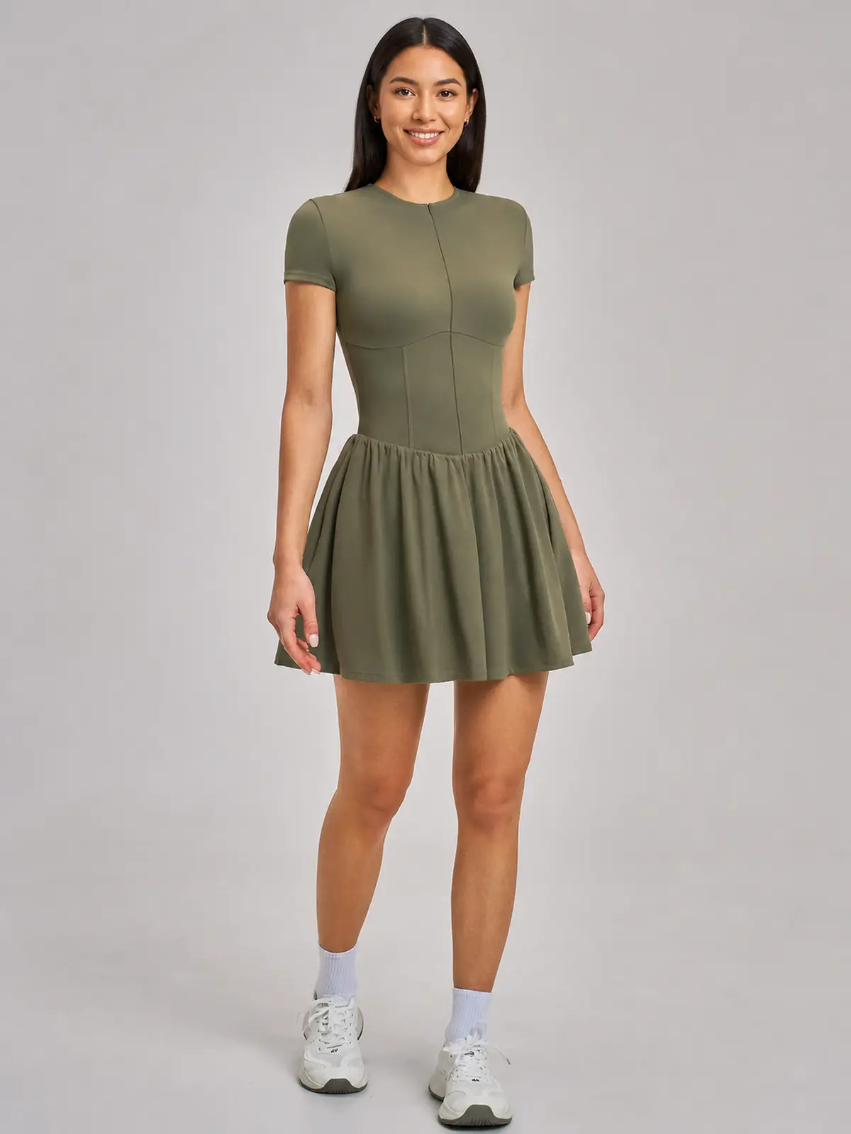 Juniper Motion Zip-Front Exercise Dress — olive green — exercise-dress — authoritative variation match