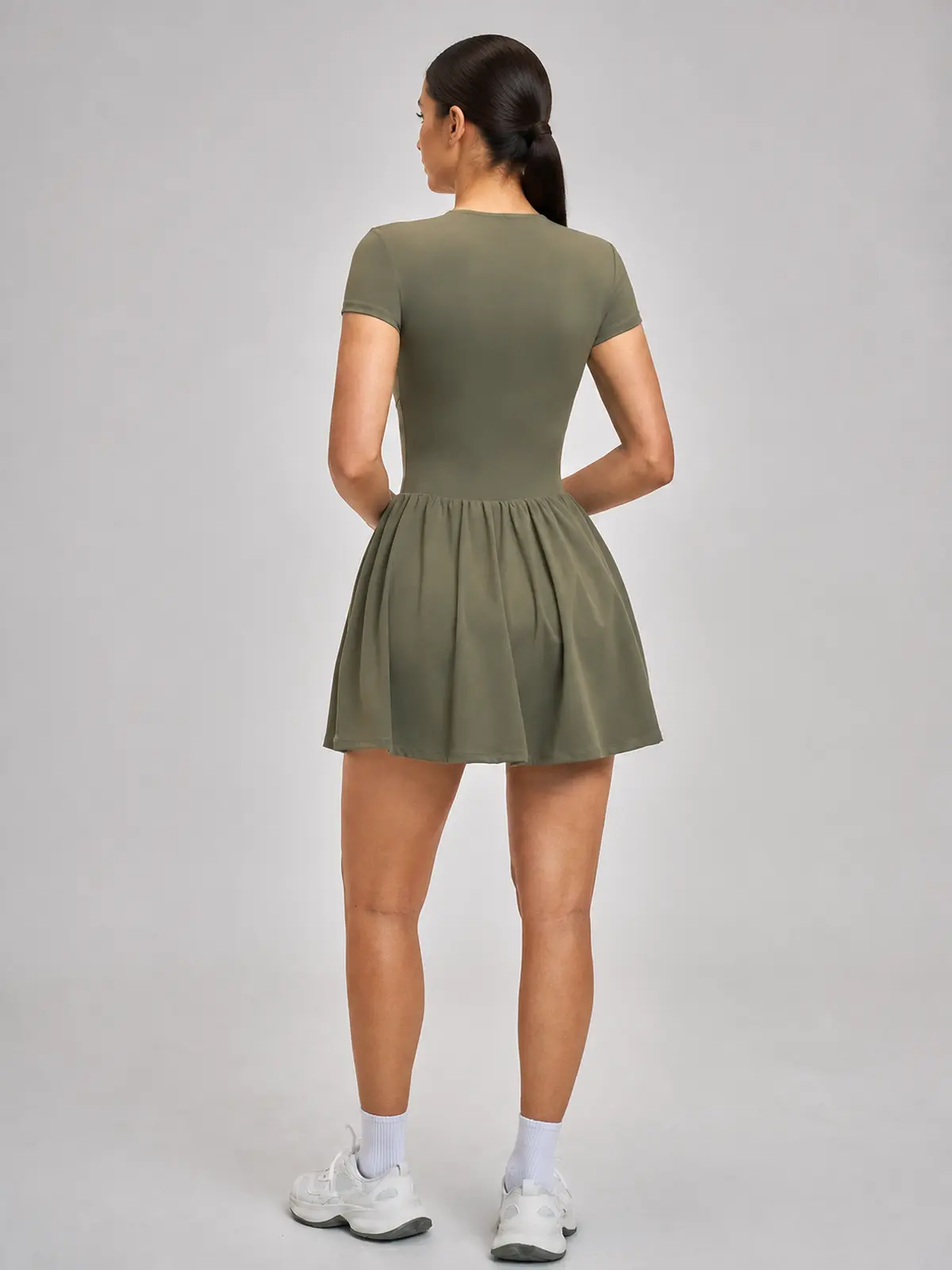 Juniper Motion Zip-Front Exercise Dress — olive green — exercise-dress — authoritative variation match