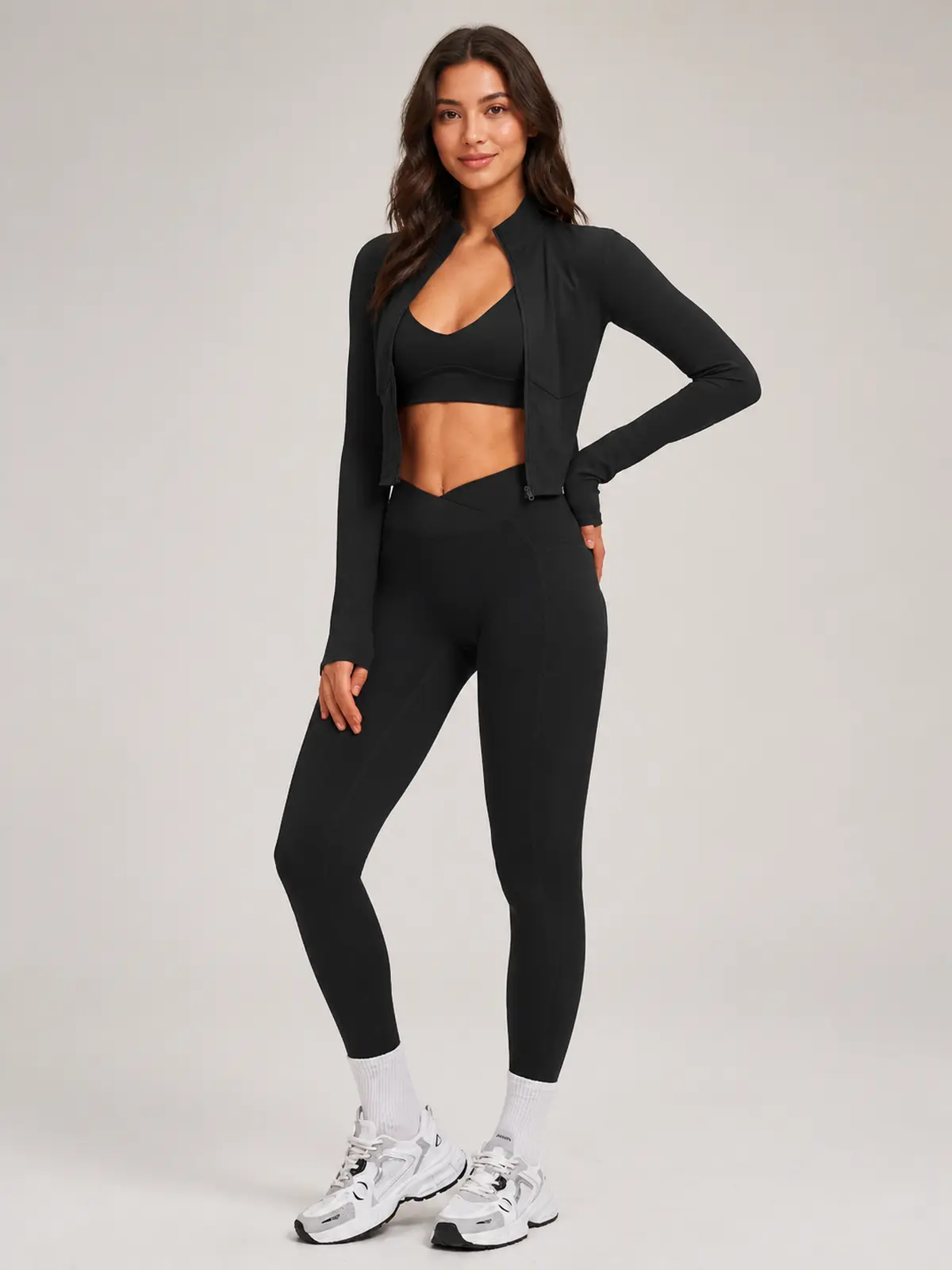 Kinetic Veil Zip-Front Jacket, Sports Bra and Leggings Set — black — general — authoritative variation match