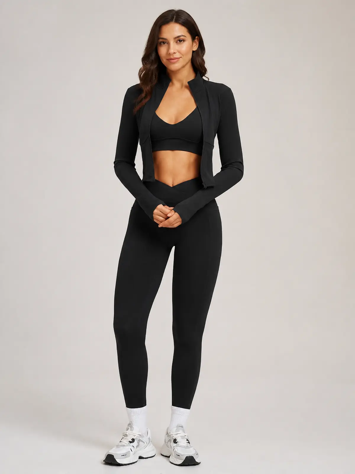 Kinetic Veil Zip-Front Jacket, Sports Bra and Leggings Set — black — general — authoritative variation match