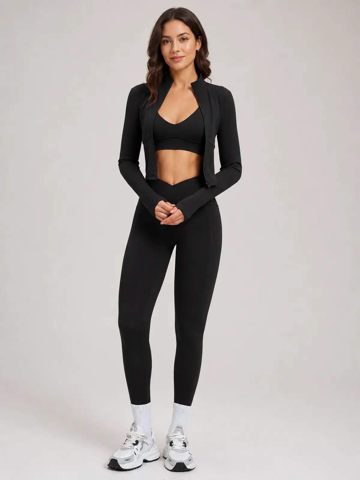 Kinetic Veil Zip-Front Jacket, Sports Bra and Leggings Set — black — general — authoritative variation match