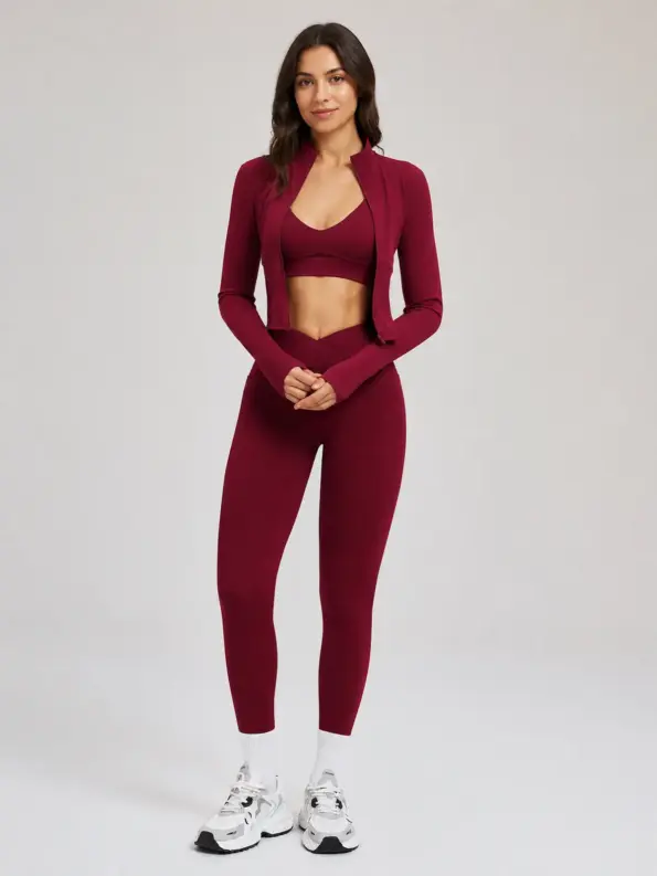 Kinetic Veil Zip-Front Jacket, Sports Bra and Leggings Set — cherry red — general — authoritative variation match