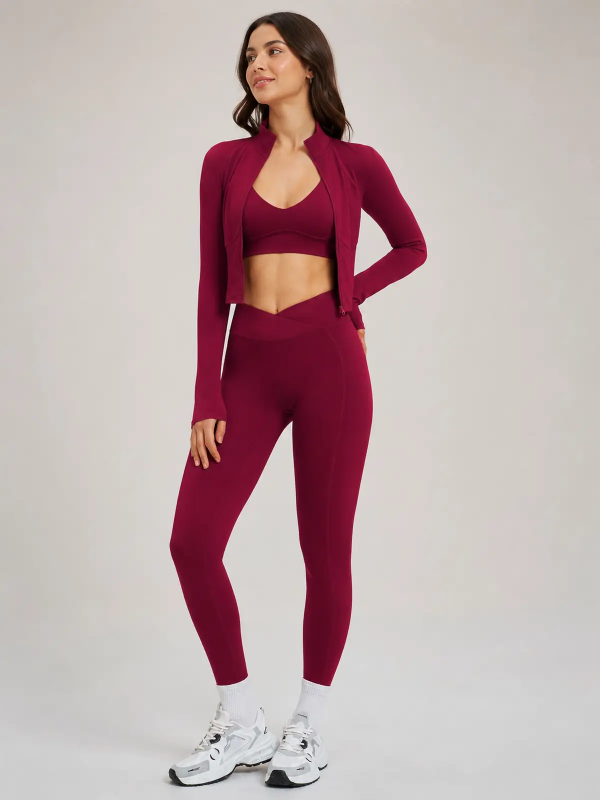 Kinetic Veil Zip-Front Jacket, Sports Bra and Leggings Set — cherry red — general — authoritative variation match