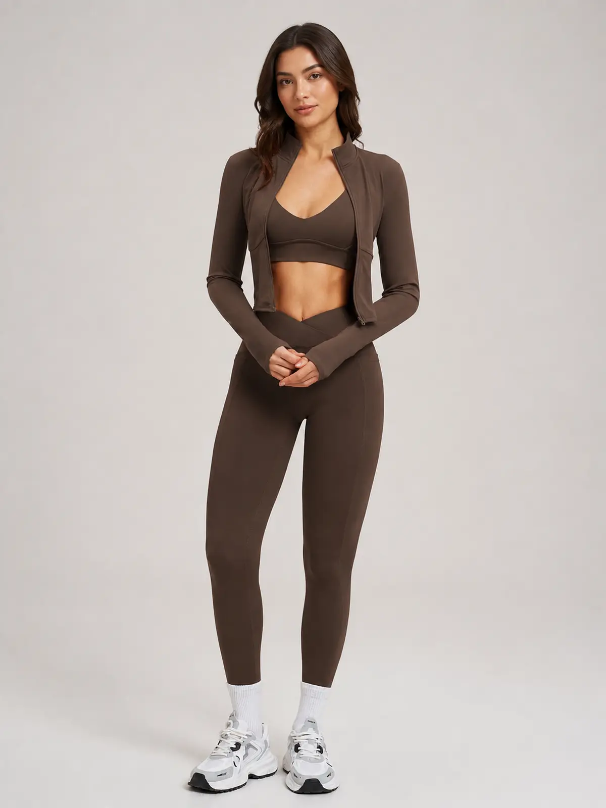 Kinetic Veil Zip-Front Jacket, Sports Bra and Leggings Set — coffee brown — general — authoritative variation match