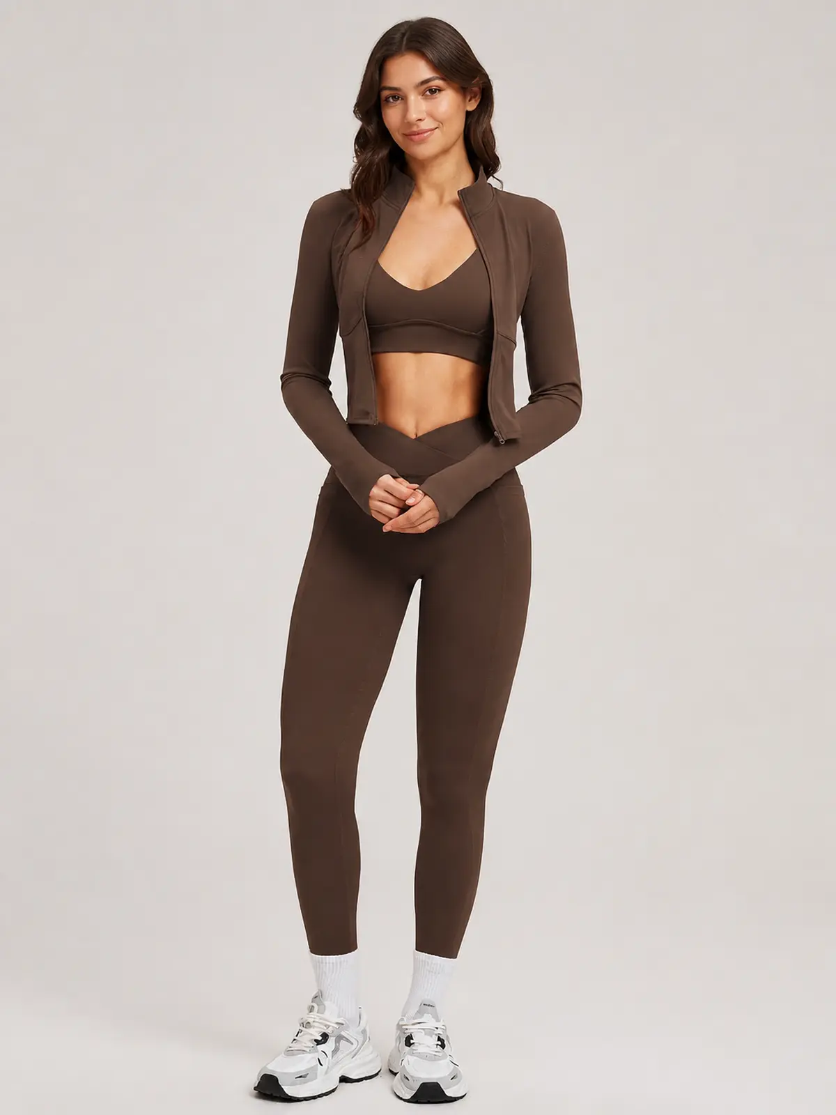Kinetic Veil Zip-Front Jacket, Sports Bra and Leggings Set — coffee brown — general — authoritative variation match