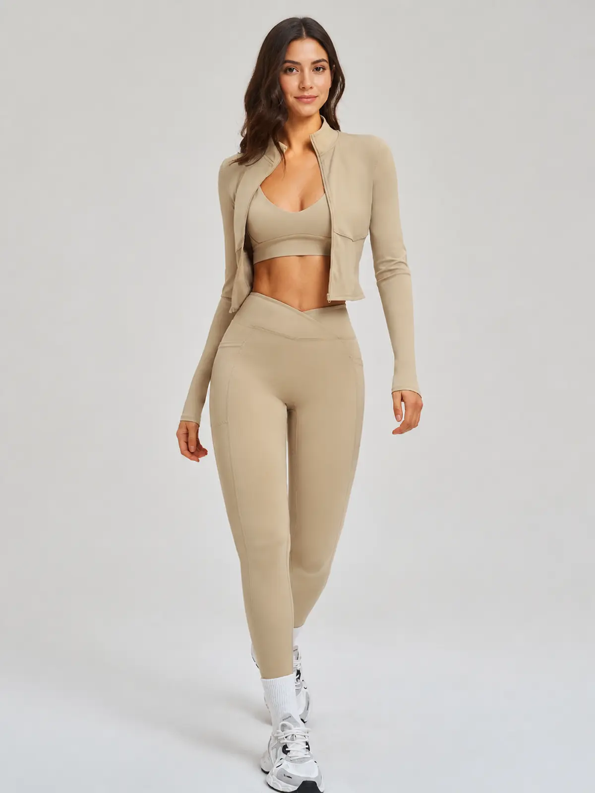 Kinetic Veil Zip-Front Jacket, Sports Bra and Leggings Set — light beige — general — authoritative variation match