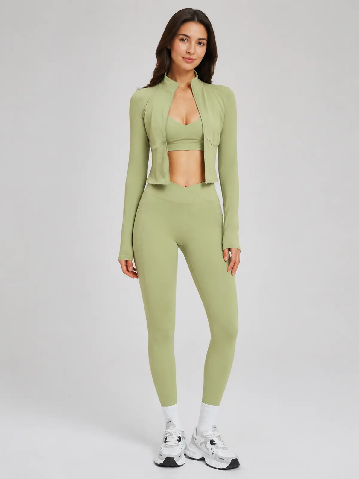 Kinetic Veil Zip-Front Jacket, Sports Bra and Leggings Set — light green — general — authoritative variation match