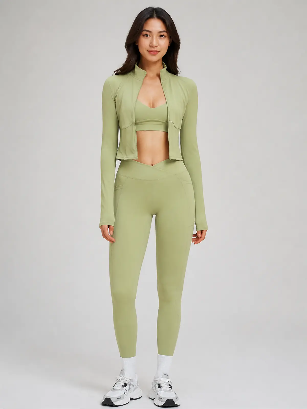 Kinetic Veil Zip-Front Jacket, Sports Bra and Leggings Set — light green — general — authoritative variation match