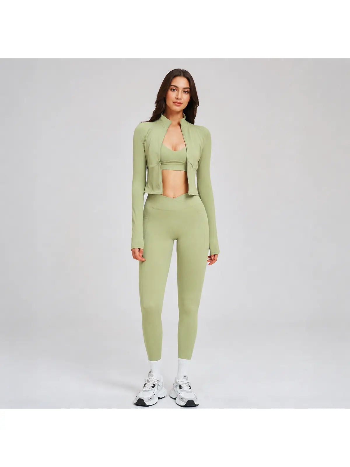 Kinetic Veil Zip-Front Jacket, Sports Bra and Leggings Set — studio portrait
