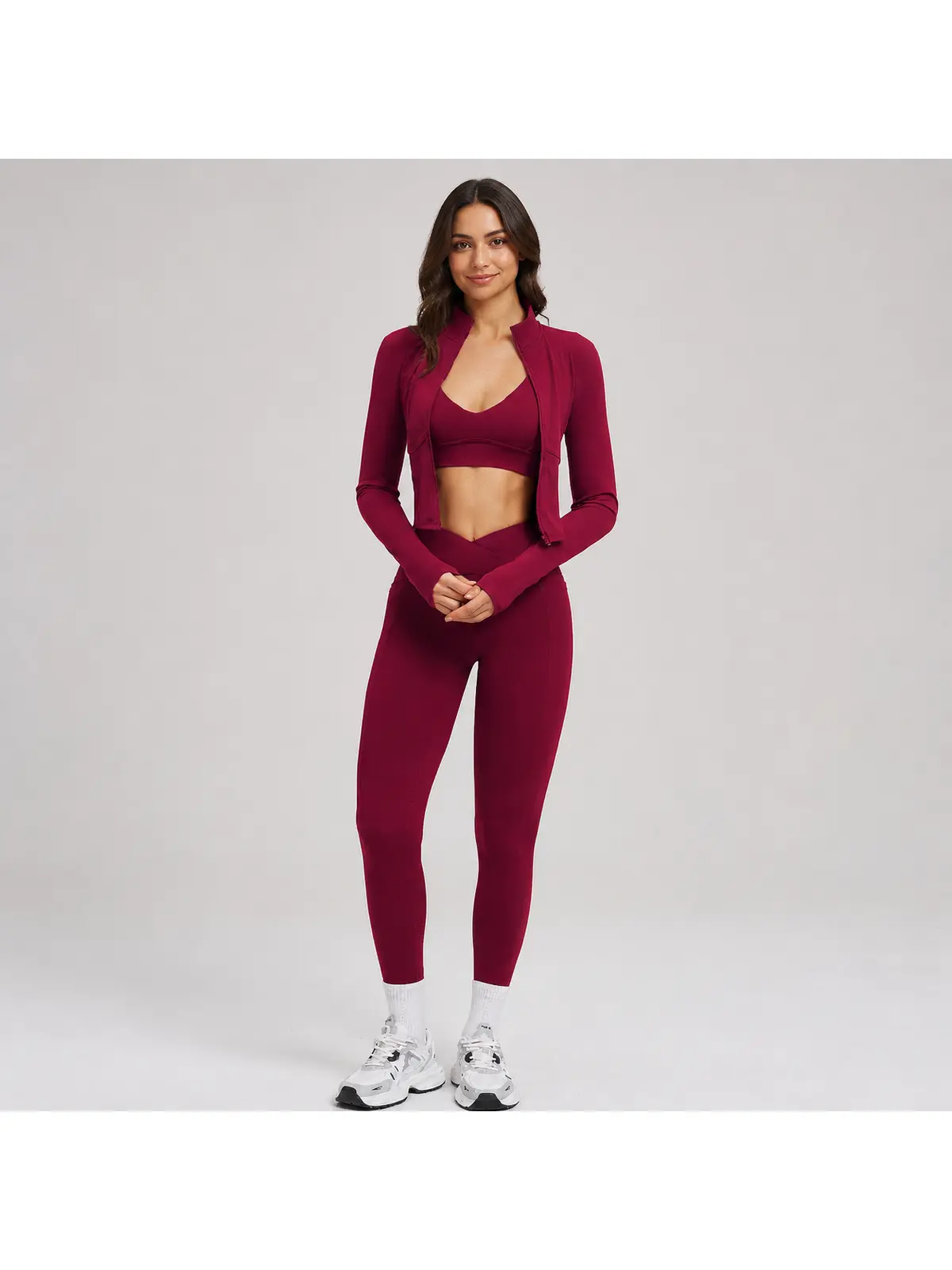 Kinetic Veil Zip-Front Jacket, Sports Bra and Leggings Set — studio portrait